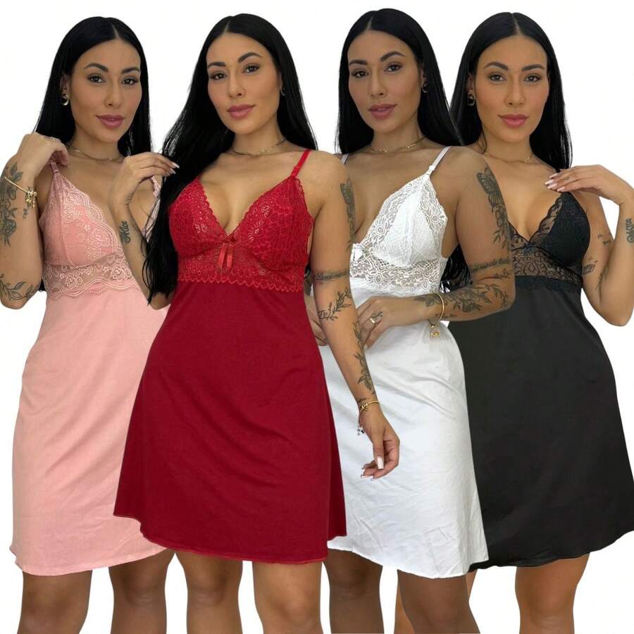 Kit 4 Camisolas Suede Acabamento Renda Alças Ajustáveis Pijamas Femininos Dormir Conforto Estilo - Multicolorido - Visão 1