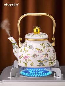 1 buc cafetieră emailată, fierbător, fierbător cu model floral, cafetieră de mare capacitate de 1,2 l, cafetieră cu mâner, cafetieră cu gură îngustă, oală de fierbere, oală de fierbere acasă, ceainic, potrivit pentru aragaz electric, prepararea cafelei sau a ceaiului pe gaz