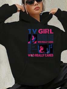 TV GIRL Who Beally Cares Pattern Design Men's And Women's Sports And Leisure Cotton Black Hoodie English Letter Pattern Christmas Thanksgiving Festival Knitted Cyber Monday Holiday Gift New Year Winter Warm Snow  End-Of-Year Thermal Velvet Furry Party Fuzzy Plush - 黑色 - 查看 3
