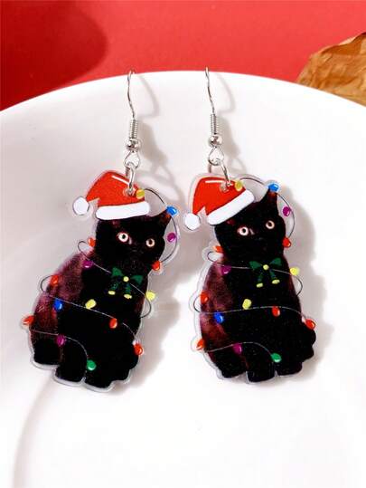 2 件/1 对卡通搞笑猫圣诞帽亚克力耳环，带彩灯和动物图案，适合日常佩戴和节日