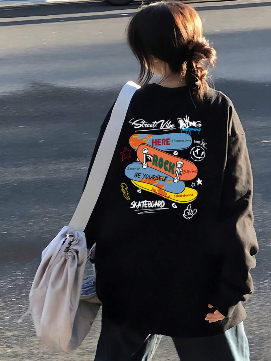 女士滑板英文印花薄款长袖T恤,时尚百搭,秋冬休闲黑色春季款 - 黑色 - 查看 1