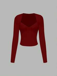 Áo thun dài tay nữ mỏng, chất liệu có họa tiết, màu trơn, kiểu dáng ôm sát, phù hợp với dáng người nhỏ nhắn, thích hợp cho mùa xuân/hè. - Màu Đỏ Sâu - Xem 2