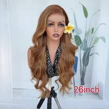 13*6 瑞士蕾丝前波浪中分自由部分预拔中长发 26 英寸高温纤维假发，带婴儿发挑染，蜂蜜金色，适合日常佩戴、派对、女士合成全假发 - 挑染金色 - 查看 4