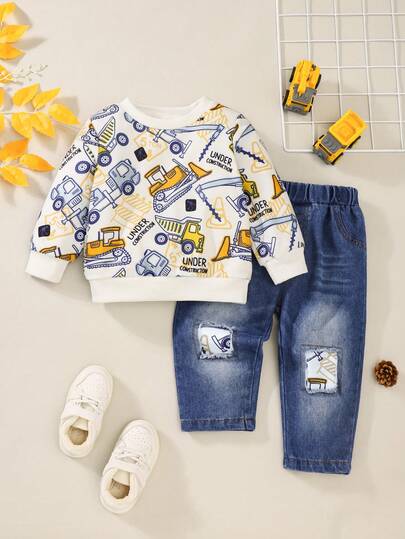 2 件套幼儿男童工程车印花长袖 T 恤和破洞牛仔裤套装，春秋季