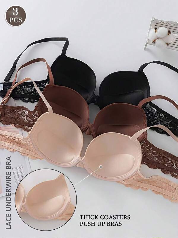 3 Packs Women's Solids Underwire Bras Microfiber Contrast Lace Super Push Up T-Shirt Bra Set