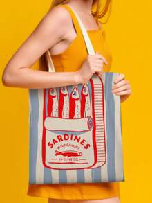 Fashionable Sardine Print Canvas Bag, Sardine Themed, Unisex Large Capacity Shoulder Bag, Shopping Bag, Lightweight Travel Luggage Bag, Reusable Student Commuter Canvas Bag, Suitable As Birthday Gift For Family And Friends - Multicolor - View 19