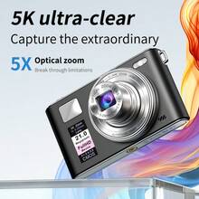 Cámara digital de 5K UHD y 64MP con lente retráctil, cámara para vlogging, zoom óptico 5X, pantalla de 3", enfoque automático y antivibración, cámara compacta de viaje para transmisión en vivo, tarjeta SD de 32GB y batería de 1200mAh, ideal para fotografía para principiantes, ajustes personalizables, excelente regalo para Navidad, Halloween, Acción de Gracias y cumpleaños