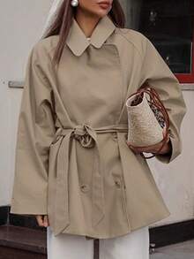 Women's New Design Casual Elegant Trench Coat, Mid-Length Jacket With Tie Waist, Long Sleeve, Vintage Thin Outerwear For Commuting, Autumn/Winter