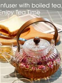1pc High Heat Resistant Glass Teapot With Filter, Wooden Handle, Thick Glass, Home Use Tea Pot