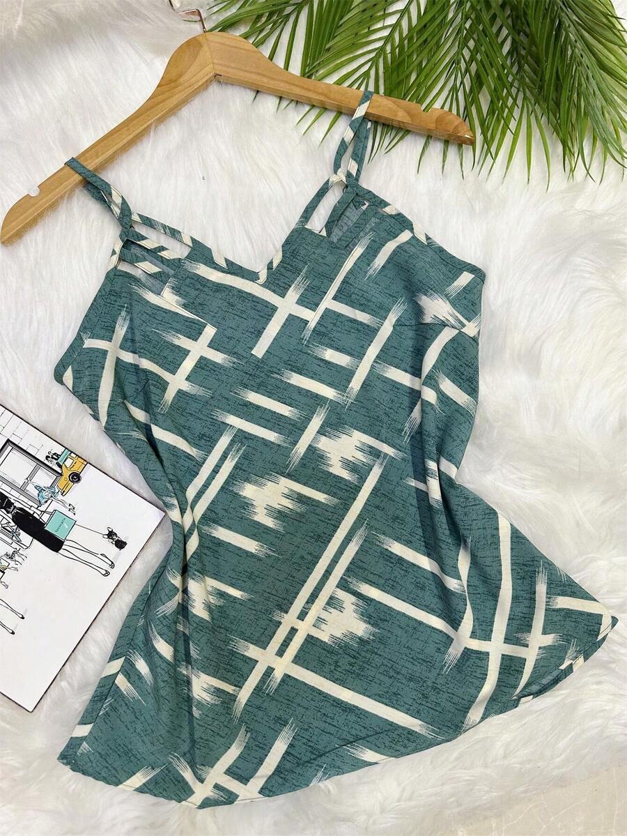 Beautiful, Fashionable Crepe Fabric Printed Tank Top - Green - View 1