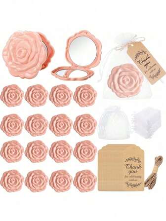 18pcs/Set, Bridal Shower Favors Rose Design Mirrors Plastic Compact Mirrors Bridal Thank You Cards With Organza Bags Wedding Party Gifts Bridesmaid Gifts For Guests Bridal Party Supplies