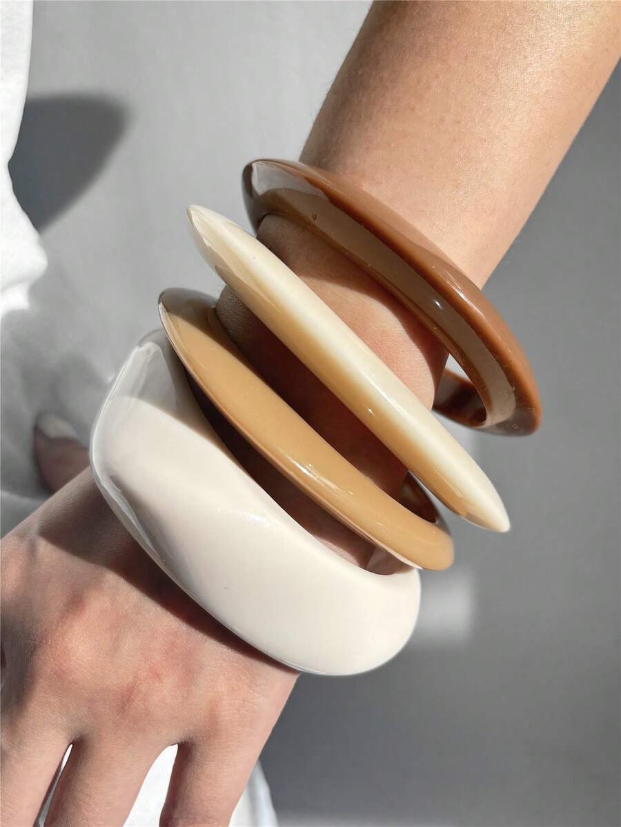 4pcs Vintage Resin Bracelet Set, Women's Asymmetric Minimalist Beige Brown Bangle, Suitable For Daily Wear, Party, Autumn/Winter - Multicolor - View 1