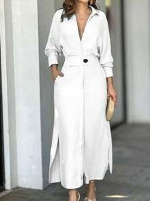 2025 New Style Female Commuter Strap Solid Color Waist Long Sleeve Irregular Shirt Dress For Women - 白色 - 查看 1