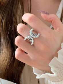 1 chiếc nhẫn ngọc trai pha lê Aquamarine cao cấp kiểu Pháp cổ điển, thiết kế chữ C kép độc đáo, tinh tế, phù hợp cho phụ nữ đeo hàng ngày, dự lễ hội, tiệc tùng, làm quà tặng cho bạn gái/vợ. - Bạc - Xem 4