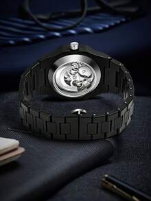 TOMI 机械表盒套装，精致简约商务风格男士手表，哑光油胶表带混合刻度机械表，时尚男士手表套装适合日常生活、节日礼物、父亲节、万圣节 - 黑色 - 查看 3