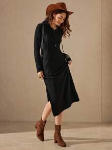 Wildy 女式黑色罗纹抽绳中长紧身连衣裙 - 黑色 - 查看 1