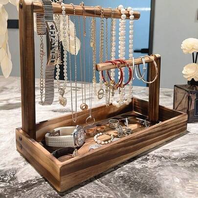 1pc Vintage-Style Wooden Jewelry Display Rack With Multi-Tiered Design Jewelry Storage Rack, Wooden Tray - Perfect For Necklaces, Earrings, Rings Includes Bottom Tray For Additional Storage, Jewelry Display Rack, Jewelry Organizer,Christmas