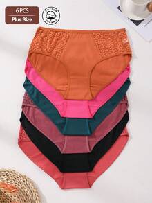 6 件装女士加大码棉质内裤中腰无缝三角裤性感蕾丝拼接舒适运动内衣收腹提臀弹力内衣适合瑜伽、运动和日常穿着