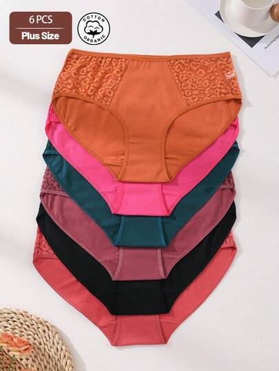 6 件装女士加大码棉质内裤中腰无缝三角裤性感蕾丝拼接舒适运动内衣收腹提臀弹力内衣适合瑜伽、运动和日常穿着