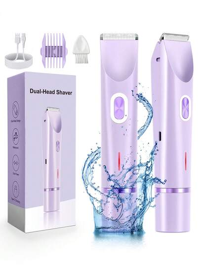 Recortadora de bikini para mujeres, recortadora de cabello de doble cabezal para mujeres, afeitadora de bikini 2 en 1 con cabezales de cuchilla de cerámica y puerto de carga Tipo C, afeitadoras eléctricas para mujeres para el vello púbico, axilas, piernas, brazos y rostro
