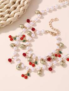 2 件套女孩甜美草莓樱桃仿珍珠串珠项链和手链首饰套装，适合日常、度假、派对、节日礼物