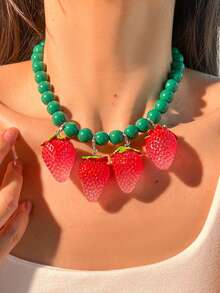 1pc Pineapple, Strawberry, Apple Beaded Pendant Colorful Necklace, Fashionable Necklace Accessory, Holiday Gift