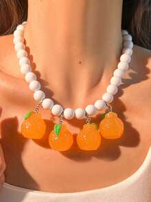 1pc Pineapple, Strawberry, Apple Beaded Pendant Colorful Necklace, Fashionable Necklace Accessory, Holiday Gift