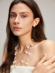 Clariva 1pc Handmade Beaded Long Necklace For Women, Layered Faux Pearl Sweater Chain, Fashion Elegant Party Dress Accessory Winter Gifts