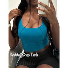 Women Rib Tank Top Padded Workout Top Square Neck Crop Tank Fitted Basic Cami Tops - Ocean Depths - View 3