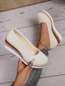 1 Pair Beige Round Toe Non-Slip Lightweight Comfortable Casual Pearl Linen Slip-On Loafers, Suitable For Commuting, Casual, Outdoor Activities, All Seasons