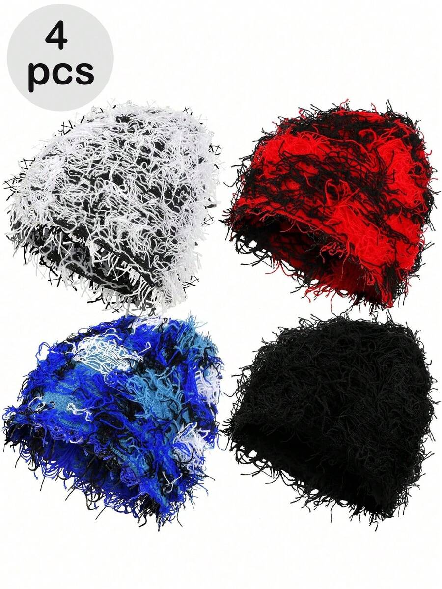 4 件/2 件/1 件破洞针织帽毛绒冬帽加厚保暖毛线帽雪地帽骷髅头男士户外滑雪针织帽秋季装备