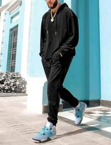 Mens 2 Piece Velour Hoodie Tracksuit Long Sleeve Velvet Hooded Pullover Casual Athletic Jogging Sweatsuit Set-2025 - 黑色 - 查看 3