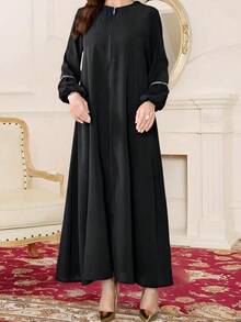 Abaya Robe Fashion Women's Elegant Sequin Long Sleeve Loose Zipper Dress - Black - View 6