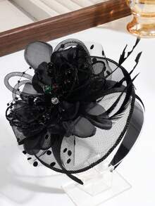 1pc Women's Elegant Veil Headband With Feather Flower, Faux Pearl & Rhinestone Decor, Suitable For Daily Wear And Gatherings, Hair Band, Hair Hoop ,Hairband For Women - Black - View 1