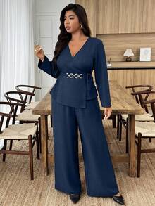 Doriss Große Größen 2-teiliges Anzug-Set mit Taillengürtel, V-Ausschnitt, Metallschnalle, Langarm, einfarbig, Hoher Kragen, Herbst, Damenmode