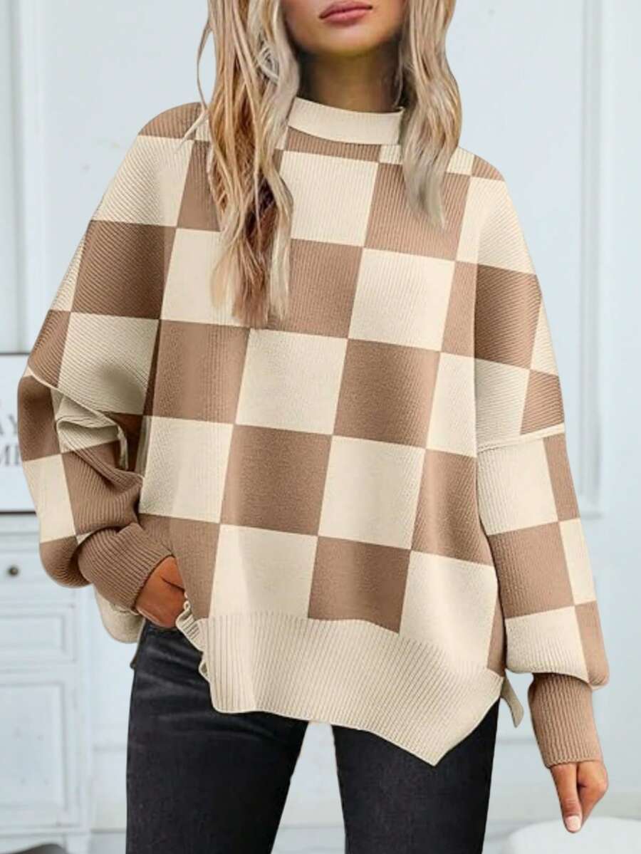 Women's Casual Loose Fit Drop Shoulder Colorblock Turtleneck Sweater - Khaki - View 1