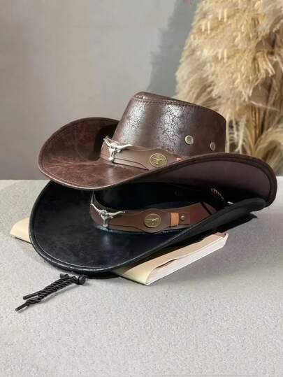 1 chiếc mũ cao bồi, mũ cao bồi vành rộng hình trái tim bóng thời trang nam bằng da PU, mũ cao bồi miền Tây cá nhân hóa, kết hợp với thắt lưng cá nhân hóa có trang trí đầu bò bằng kim loại, thích hợp cho các hoạt động ngoài trời, tiệc tùng, dành cho cả nam và nữ