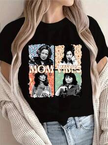 Camiseta de Mujer "Mom Vibes" Estampado Divertido, 100% Algodón, Ideal para Dia a Dia, Moda Actual,playeras navideñas,blusas elegantes dama,blusas curvy mujer,blusas curvy mujer,blusas para mujer,blusas elegantes dama,disfraz navidad mujer. - Negro - Ver 1