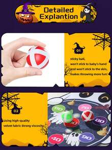 Halloween Kids Sticky Ball Target Game Set, Cartoon Pattern Fabric Dart Sticky Ball, Throwing Interactive Game, Family Multiplayer Competition, School Sports Game Props, Boys Girls Halloween Gift, Halloween Party Toy (1 Hook + 3 Sticky Balls Included)