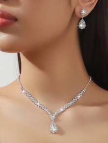 Juego de joyas con colgante de gota de agua con diamantes de imitación, adecuado para novia de boda, fiesta formal y ropa de noche - Plateado - Ver 2