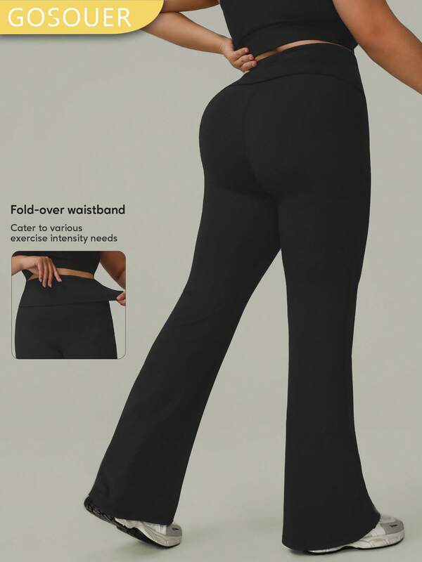 GOSOUER Damen Große Größen Hose mit umklappbarem Bund, hoher Taille, Bauchkontrolle, ausgestellt für tägliche Fitness, Outdoor-Laufen und Tanzen