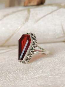 1pc Retro Imitate Garnet Coffin Shape Silver Color Ring For Women Unique Boho Silvery Color Ring Punk Gothic Halloween Party Jewelry Gift For Her - Ring 1 - View 3