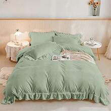 3 Pieces Green Ruffle Bedding Set With 2 Pillowcase Frills Duvet Cover With Zipper Closure Soft Microfiber Duvet Cover Set Single Double King Size - Green - View 10