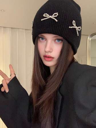 1 pezzo Cappello lavorato a maglia con fiocco di perle, stile coreano, cappellino casual da ragazza per esterni, cappello di lana caldo che protegge le orecchie