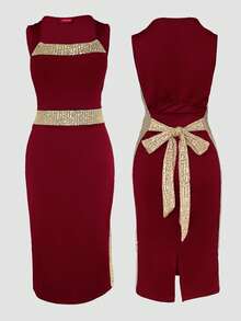 ChicMe 女士方领无袖镂空后背亮片腰部蝴蝶结开衩中长连衣裙性感优雅紧身鸡尾酒会晚会服装 - 酒紅色 - 查看 5