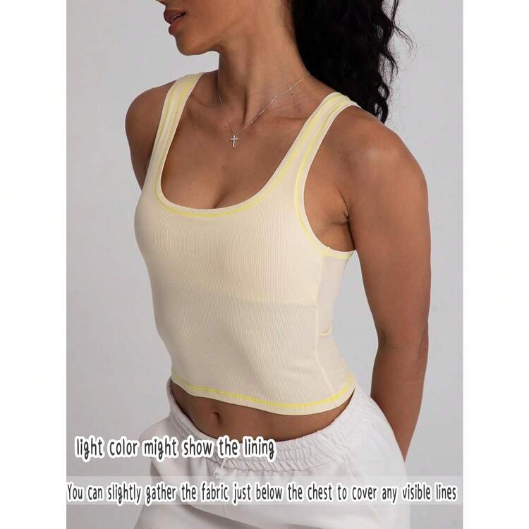 Women Rib Tank Top Padded Workout Top Square Neck Crop Tank Fitted Basic Cami Tops - 梨子冰糕 - 查看 5