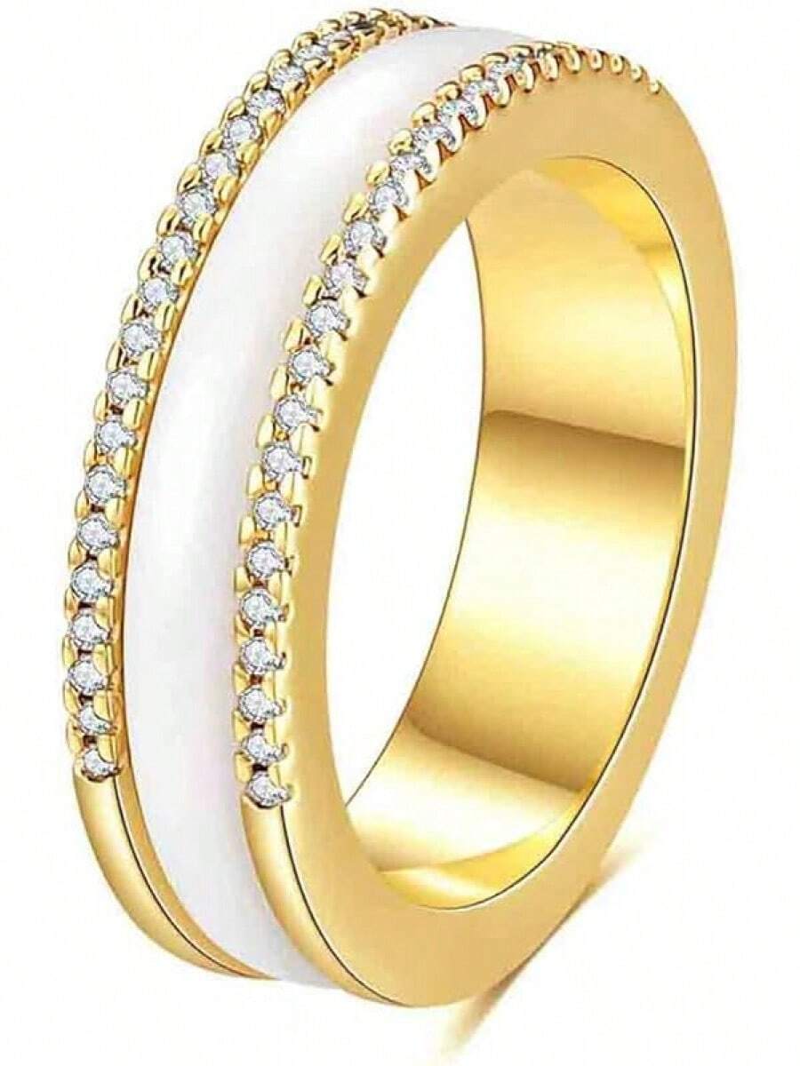 6mm White/Black Ceramic Rings Plus Cubic Zirconia For Women Comfort Fit Engagement Wedding Band Size 5-122025 - 6mm White+Gold - View 1