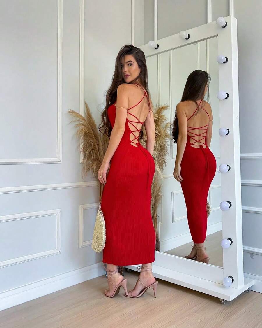 Women's Plain Dress, Spring Summer, Braided Back, High Quality Modal Yarn, Summer 2026 - 聖誕紅 - 查看 1