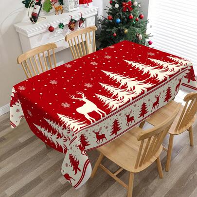 1 件圣诞节长方形桌布，驯鹿、雪花、树图案设计，适用于咖啡桌、餐桌、野餐或节日派对装饰、餐厅、咖啡厅、厨房、圣诞家居装饰