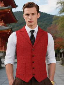 Retro Men's Western Cowboy Suit Vest Slim Fit V Neck Suede Leather Dress Vests Vintage Prom Wedding Casual Waistcoat - 紅色 - 查看 7